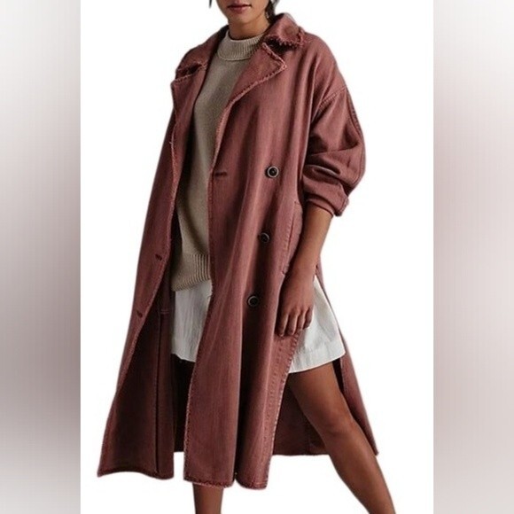 Free People Kelly Trench Coat Relaxed Raw Hem Side Slit Cherry Chai Size XS/S - Picture 2 of 4